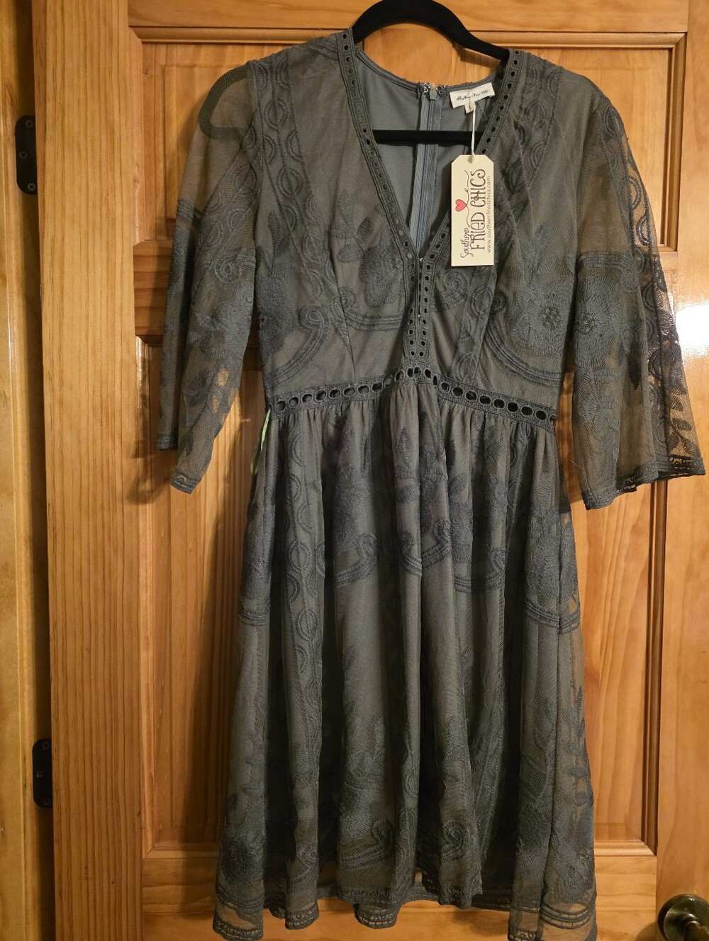 Southern Fried Chics Olive Lace V-Neck Midi Dress
